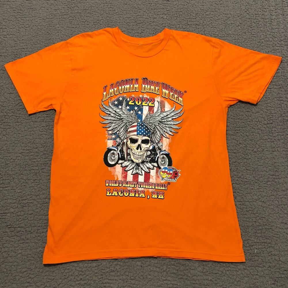Bike Week T Shirt Mens XL Orange Laconia 2022 Skull Wings Motorcycle Rally Tee